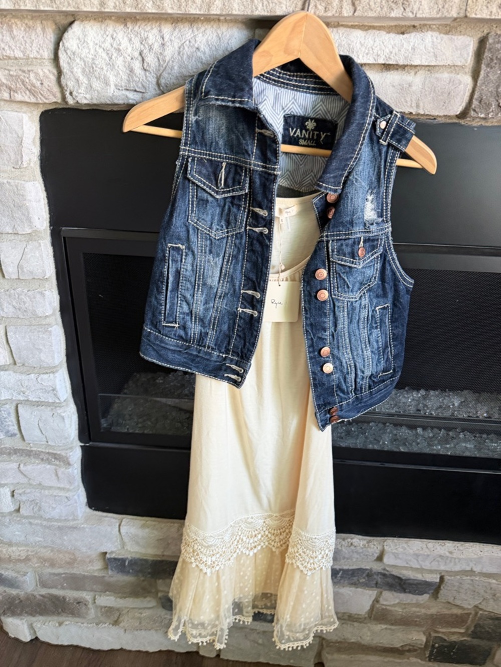 Beautiful Cream Ruffled Slip Dress with Denim Vest